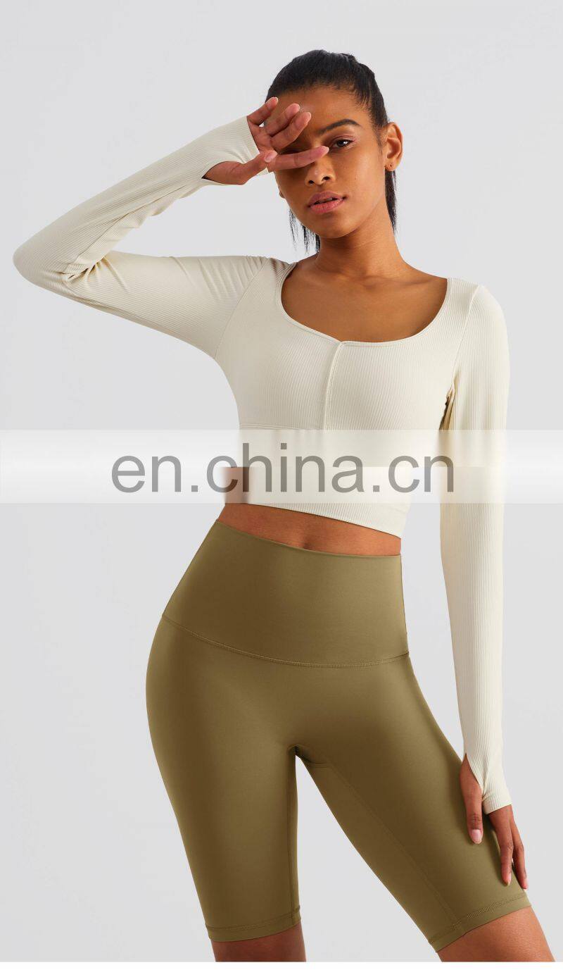 Ribbed Custom Semi Fixed Cups Yoga Crop Tops Long Sleeve High Impact Women Sports Bras