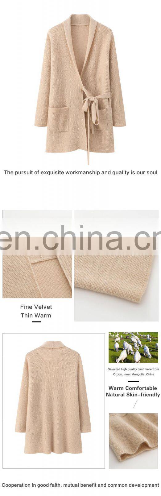 Luxury 100% Knitted Mid-Length Coat for Ladies Thick Cashmere Cardigan with Belt