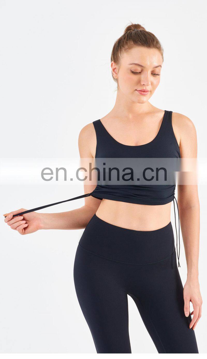 Wholesale Drawstring Sports Bra With Side Ruched Design Yoga Crop Top Fitness Women