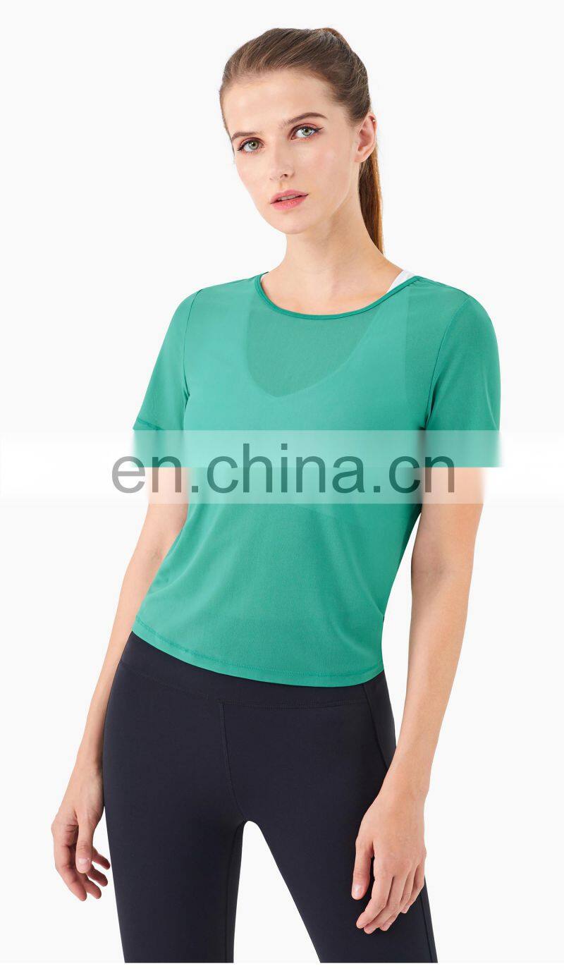 Spring Mesh Blouse Sports T Shirt Women Workout Crop Yoga Top With Reversible