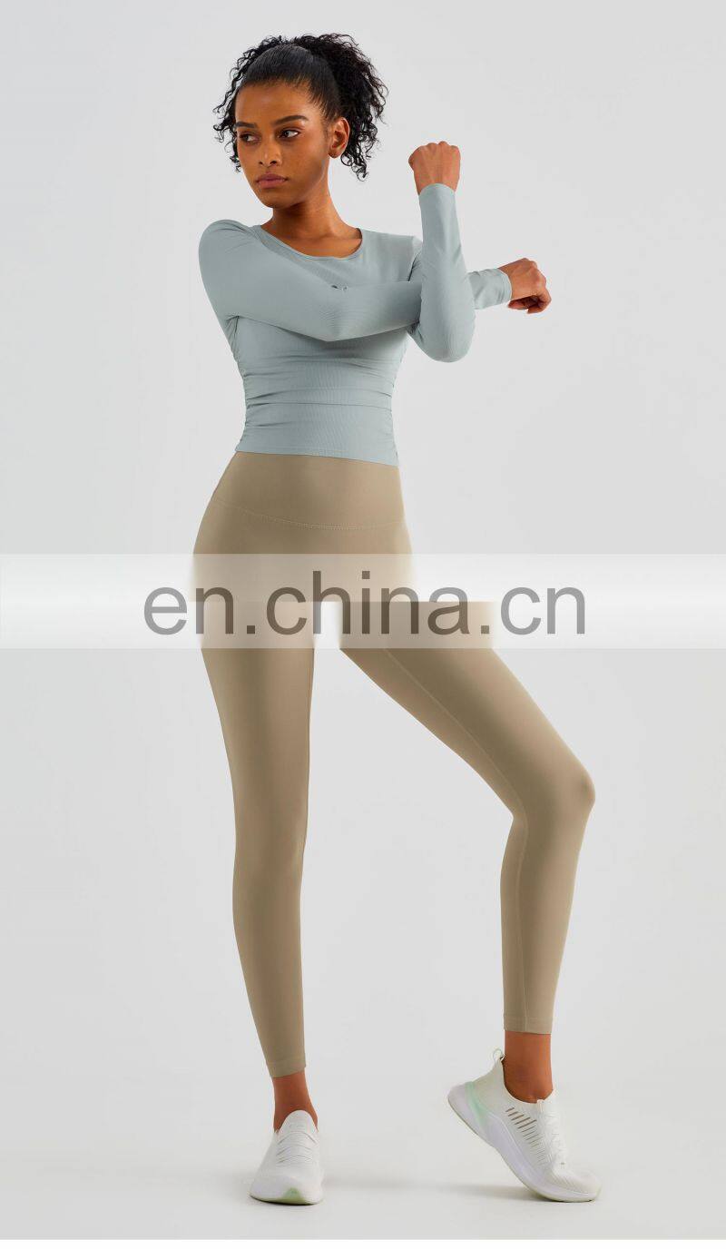 Ribbed Side Folding Yoga Tight Tshirts Factory Sale Women Long Sleeve Outdoor Sports Tops