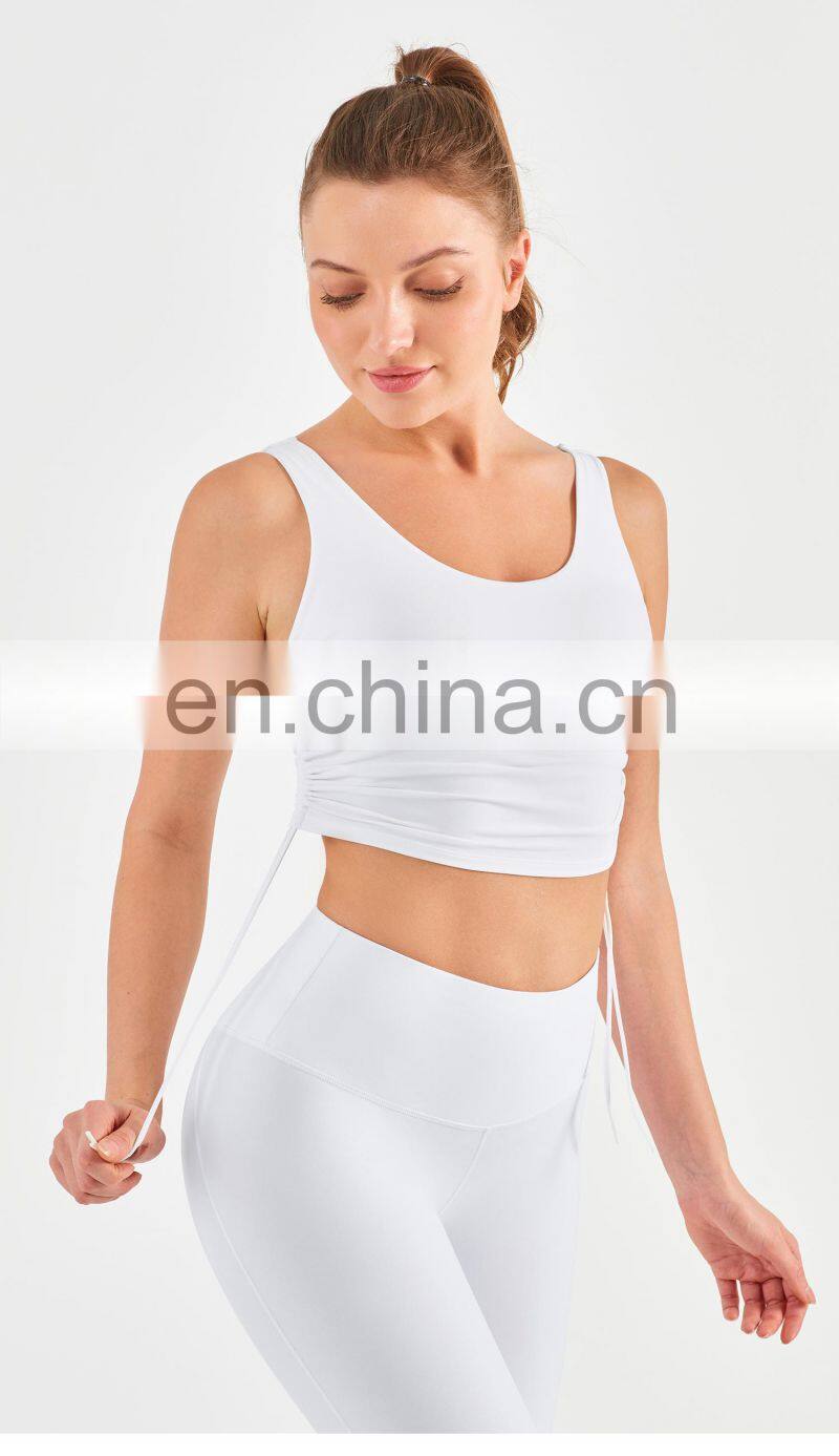 Wholesale Drawstring Sports Bra With Side Ruched Design Yoga Crop Top Fitness Women