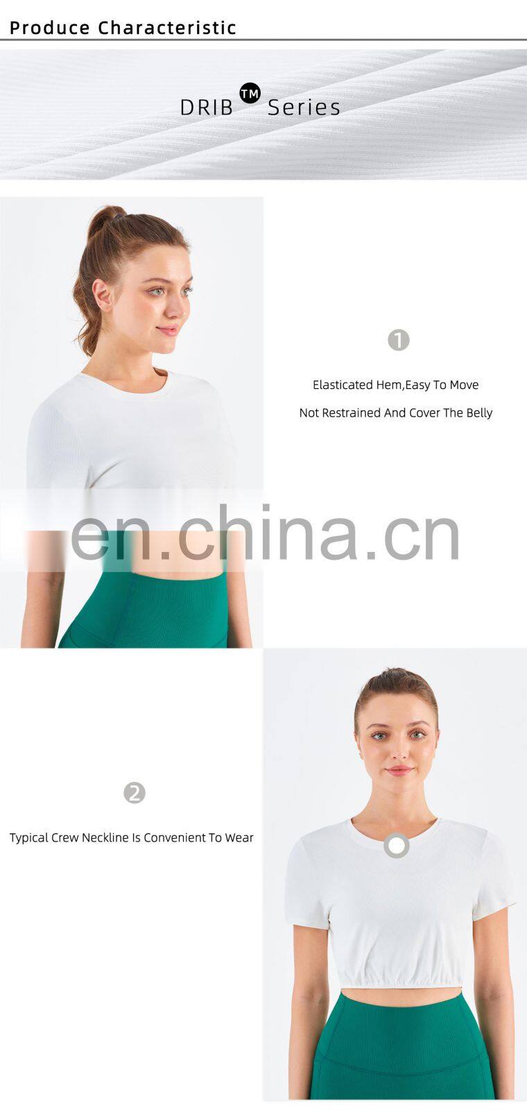 New Double Ribbed Loose Women's T Shirts With Elastic Hem Yoga Fitness Short Sleeve Crop Top