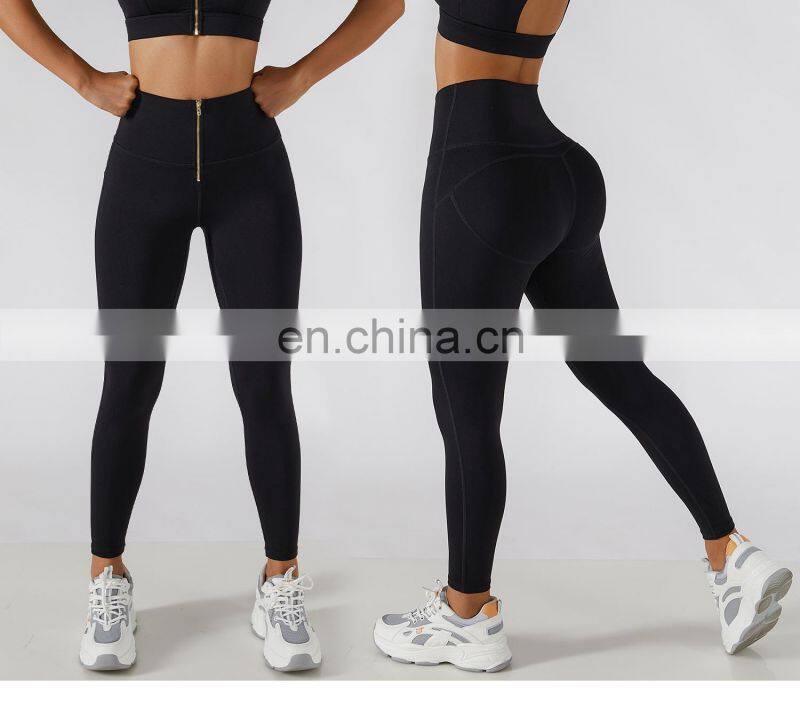 Front Zip Waist Yoga Leggings Factory Sales High Rise Peach Butt Tight Sports Pants