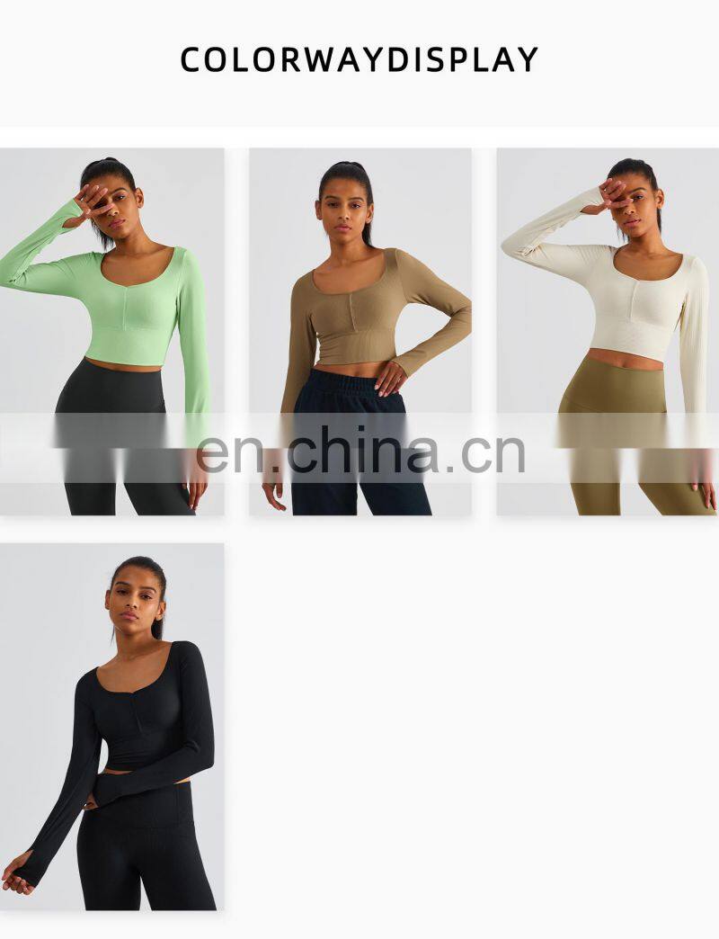 Ribbed Custom Semi Fixed Cups Yoga Crop Tops Long Sleeve High Impact Women Sports Bras