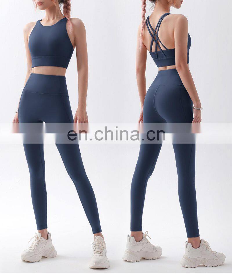 2 Pcs Fleece Yoga Sets Backless Sport Bra Gym High Waist Leggings For Women