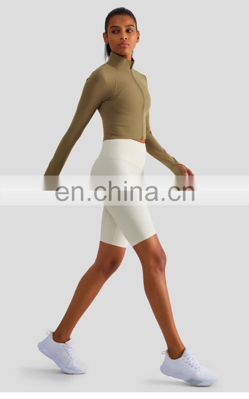 Full Zipper Women Yoga Jackets With Thumb Hole Custom Long Sleeve Sports Quick Dry Tops