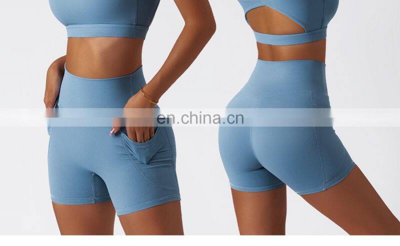 High Waist Side Pockets Biker Fitness Sports Shorts Custom Women Butt Lifting Yoga Pants
