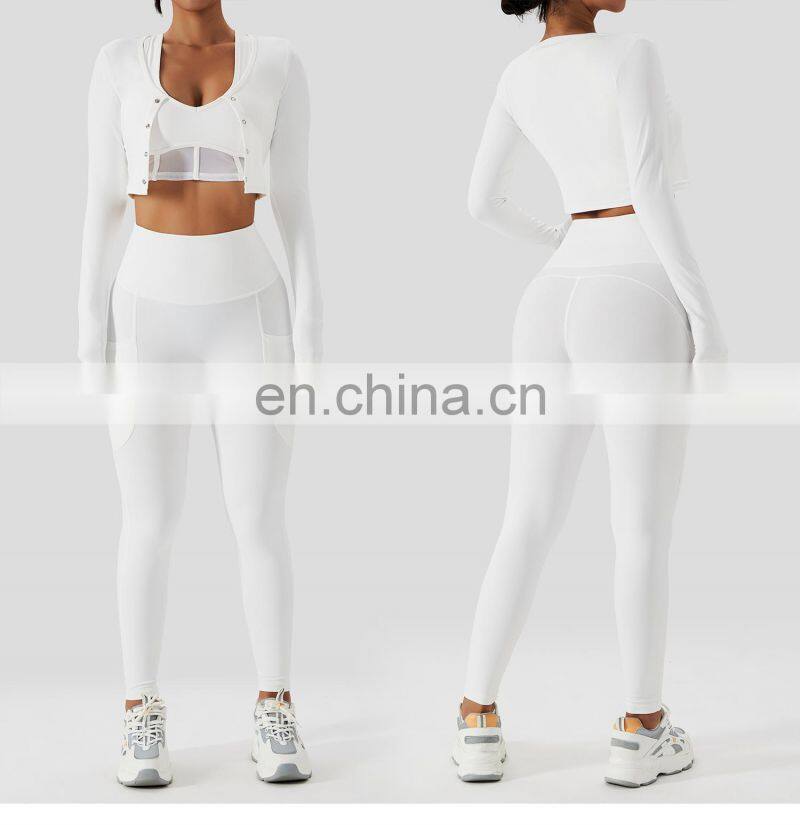 3 Pcs Sexy Mesh Bra Sports Sets Custom Fitness Women Yoga Long Sleeve Yoga Tops Suits