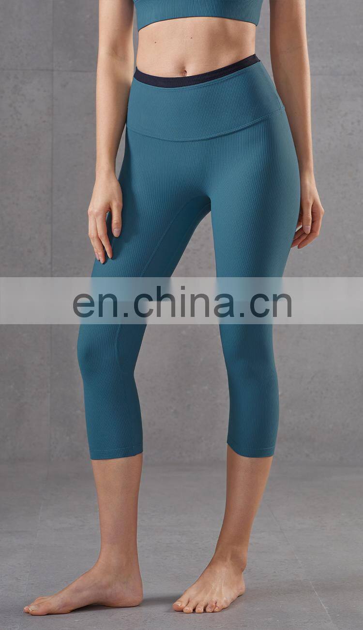 Hot Ribber Fabric Capri Sport Legging High Waist Women Yoga Pants Splice Color OEM