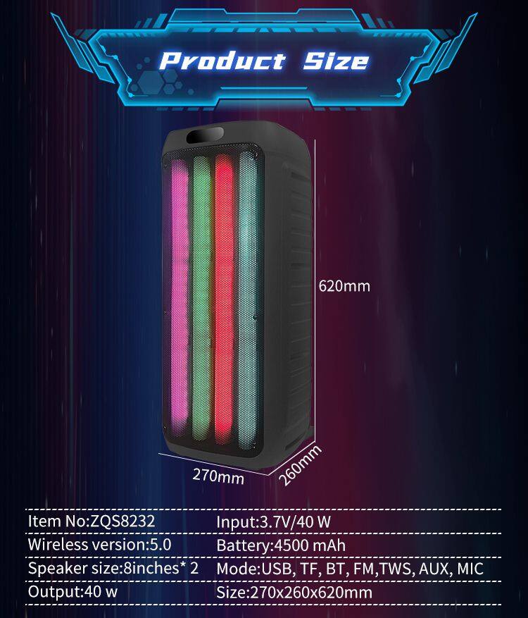 Sell well ZQS8232 40W power dual 8 inch speaker wireless bass sound party speaker with colorful lights