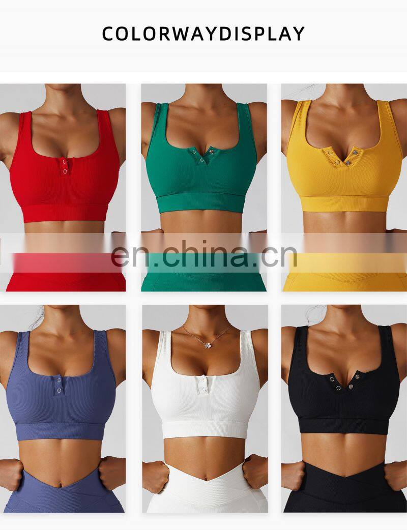 Sexy Ribbed Front Buttons Yoga Bras Factory Sale High Impact Sports Shockproof Crop Tops