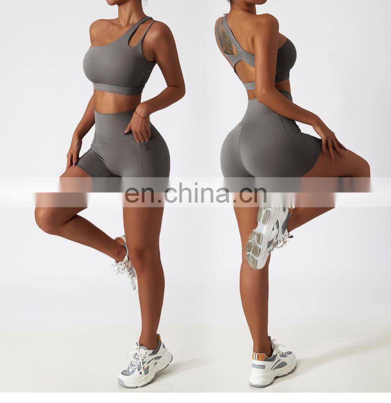 4 Pcs Sportswear Women Yoga Biker Pockets Shorts Oem Gym Fitness One Shoulder Sexy Bra Sets