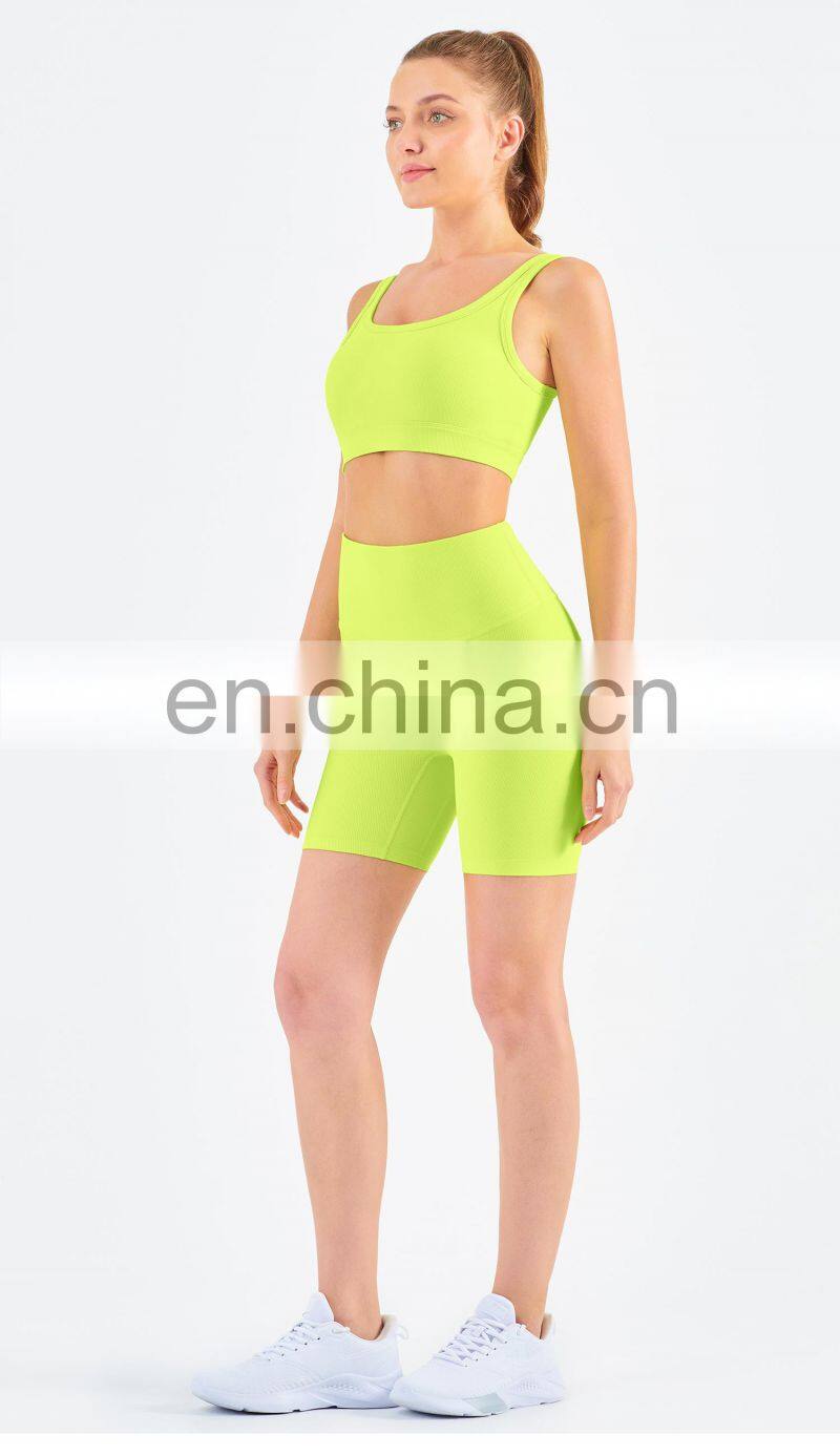Athletic Ribbed Yoga Fitness Women Square Neckline Sports Bra Biker Shorts Set Gym