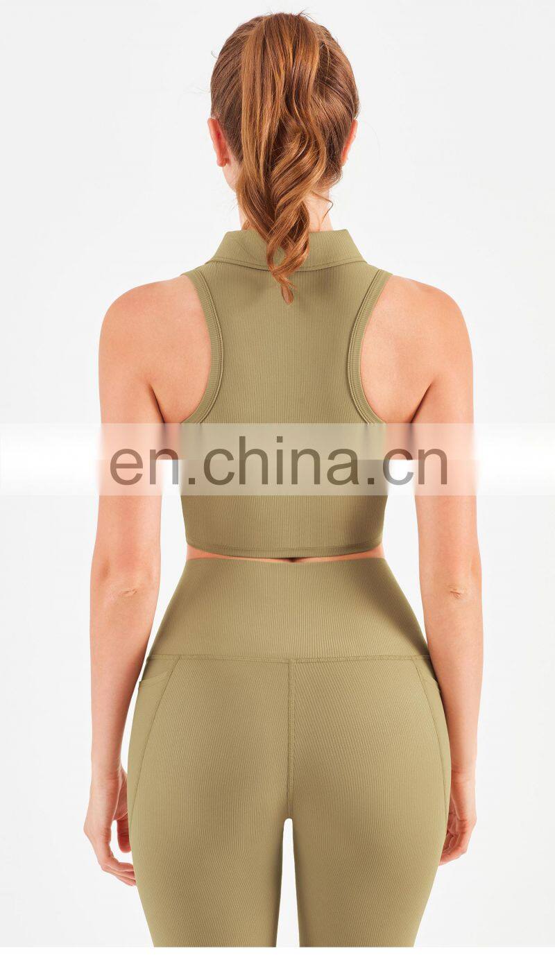 Designer Polo Ribbed Sports Bra With Front Zipper Gym Fitness Women Yoga Tank Tops