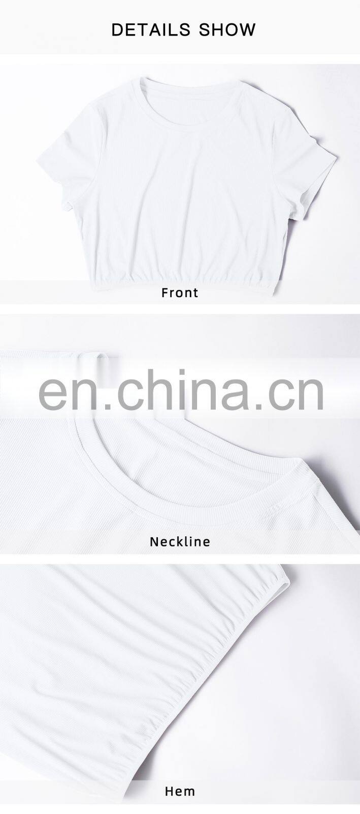 New Double Ribbed Loose Women's T Shirts With Elastic Hem Yoga Fitness Short Sleeve Crop Top