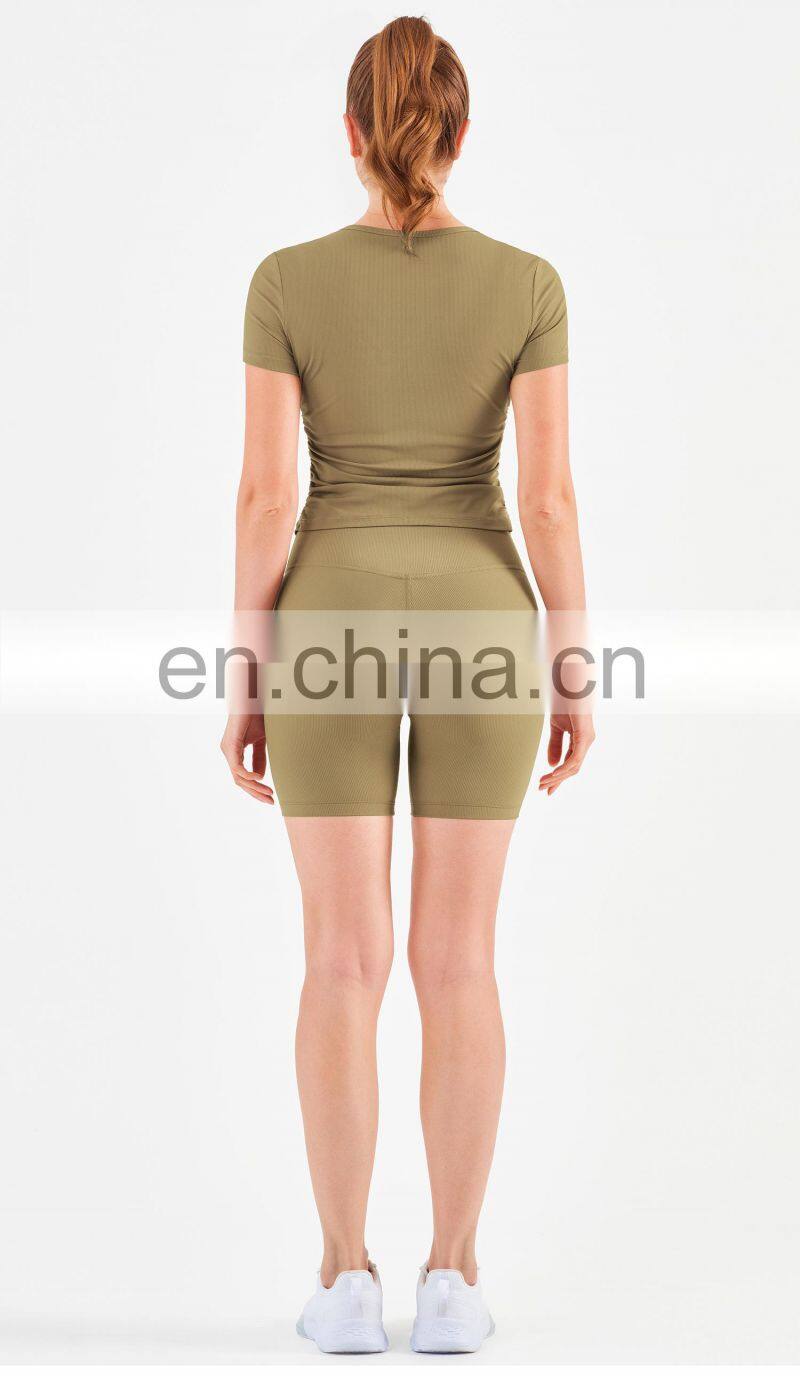 Women Ribbed Short Sleeve Slim Fit T-Shirt And Short Yoga Set Sport Fitness Suit