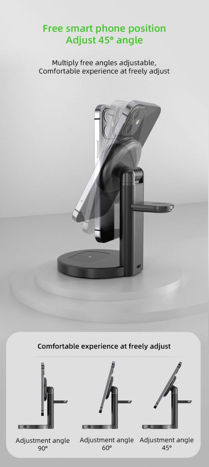 Magnetic 3in1 High-Capacity Wireless Charger with Type-C for Mobile Phones Earphones & Smart Watches Stand & Holder Features