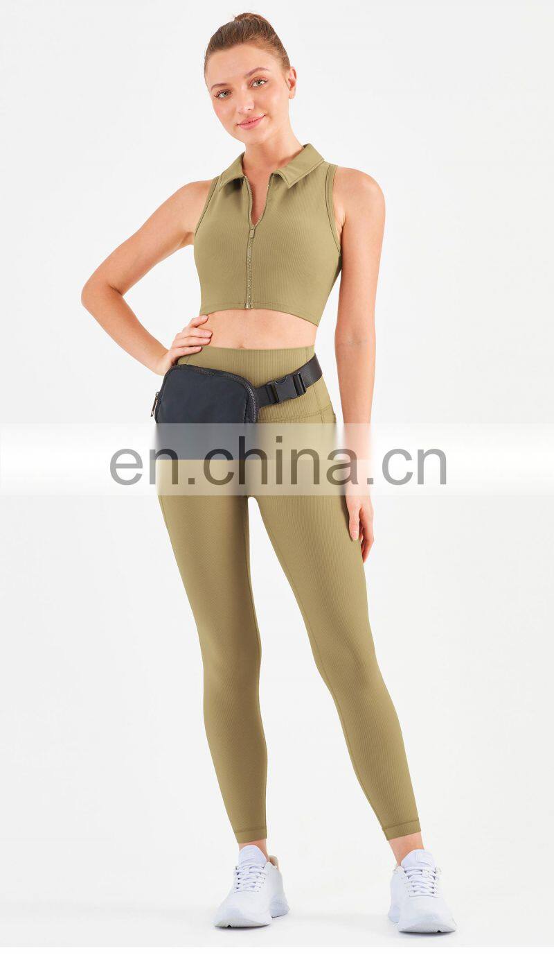 Workout Outfits Sports Ribbed Golf Polo Padded Bra Tank Top Yoga Legging Set Womens