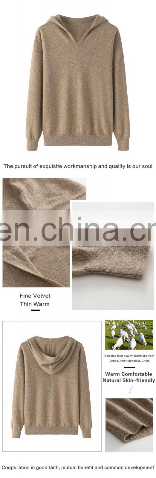 Custom Fashion 100% Pure Cashmere Hoodies for Women Solid Pattern Casual Winter Sweater with Hooded Collar and Front Logo