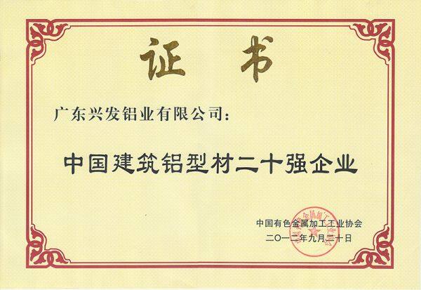 Xingfa Won NO.1 of The Top 20 Aluminium Profile of China