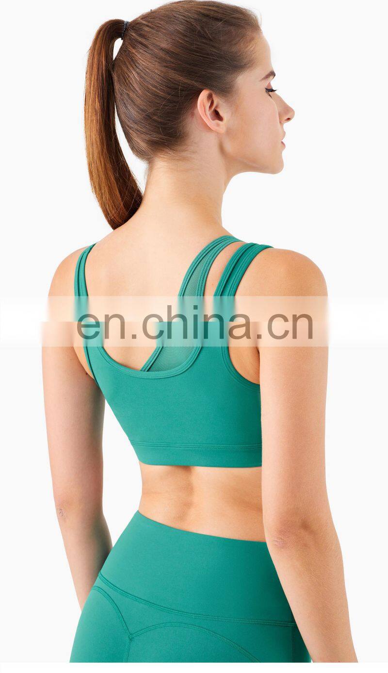 New Mesh Double Strap Women Sports Bra Recycle Fabric One Shoulder Sports Bra Support OEM