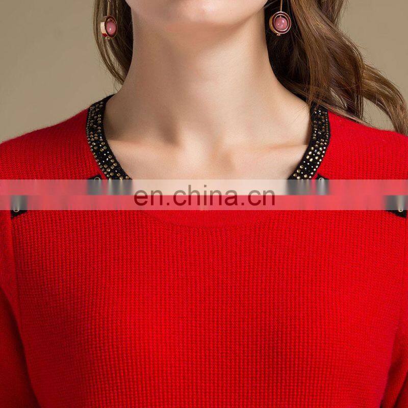 China Women's Red Long-Sleeved Slim Fit Sweater Knitted Casual Style Crew Neck Solid Pattern Winter Season