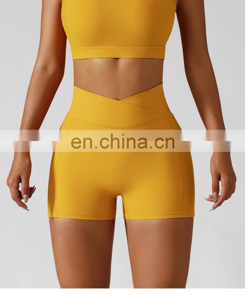 OEM Cross Waist Gym Shorts With Side Pocket Ribbed High Waist Athletic Wear