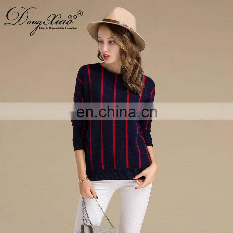 100% Cashmere Vertical Striped round Neck Women's Sweater Knitted Winter OEM Supply