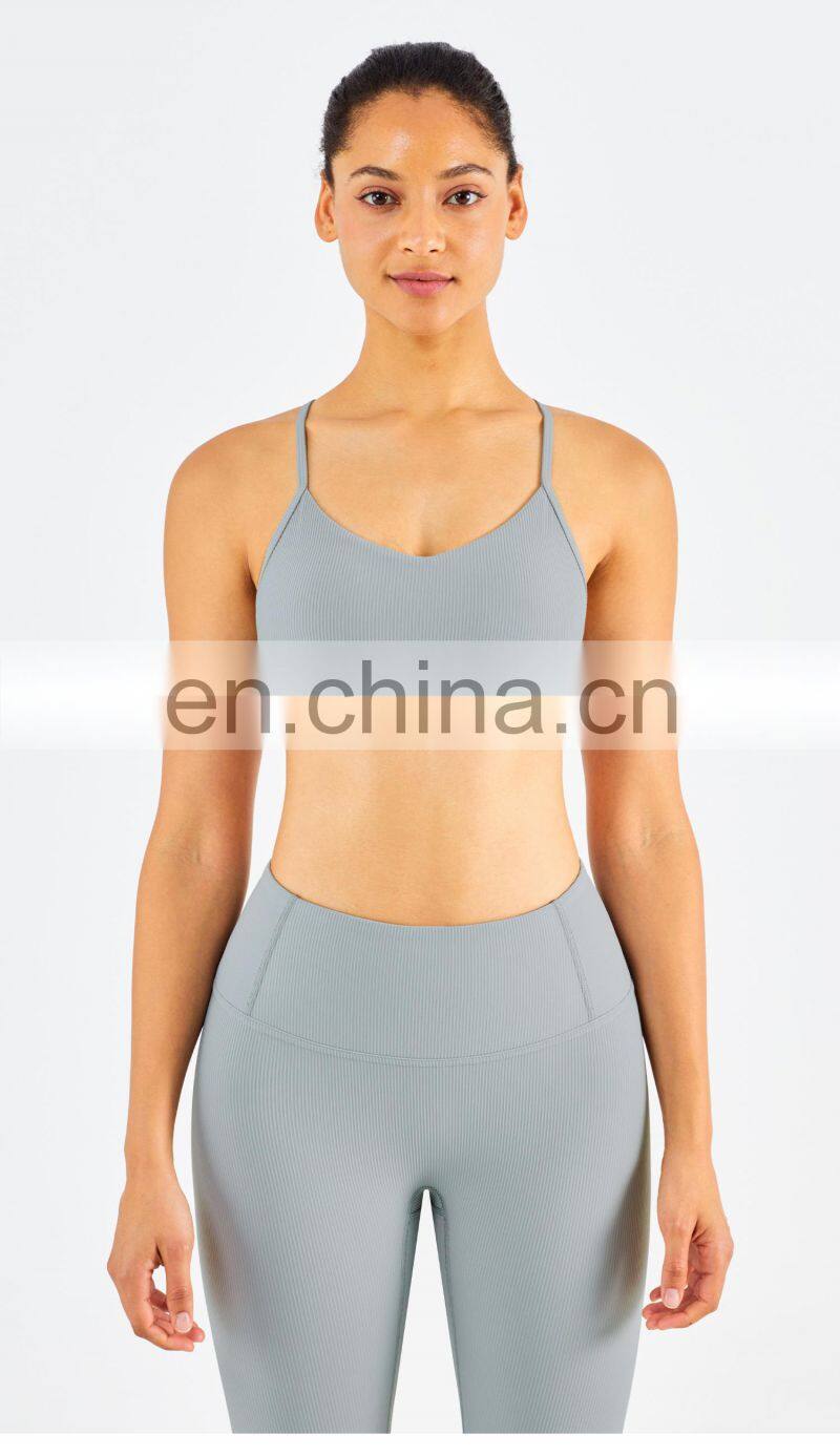 Ribber Camisole Women Yoga Fitness Workout Sports Bra Custom Print High Impact Strappy Bras Top