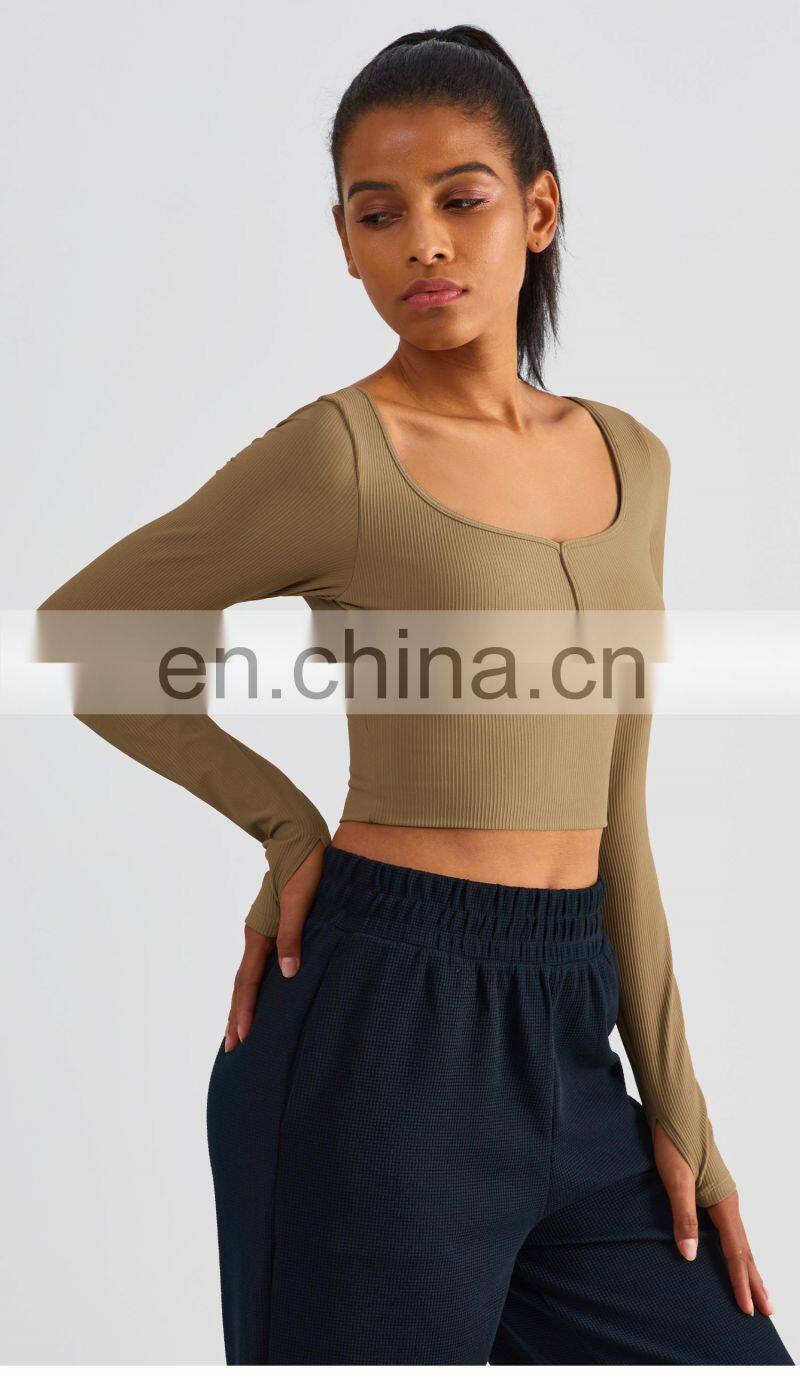 Ribbed Custom Semi Fixed Cups Yoga Crop Tops Long Sleeve High Impact Women Sports Bras