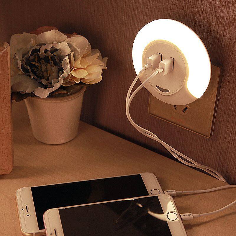 Dual USB Wall Charger Led Sensor Night Lamp With Auto Mode And Always On/Off Mode