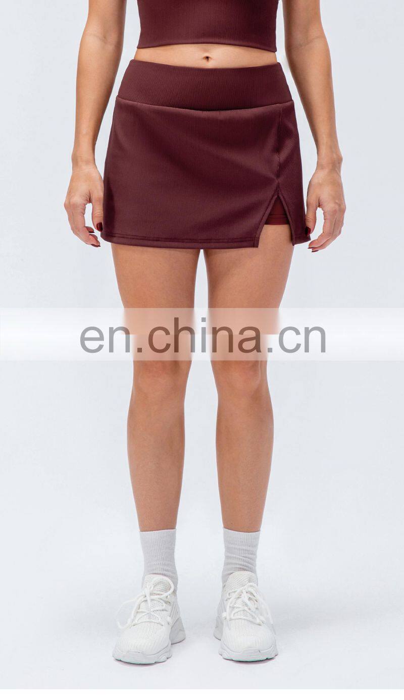 New Rib Two Piece Anti-Glare High Waist Sports Women Fitness Golf Tennis Skirts With Pockets