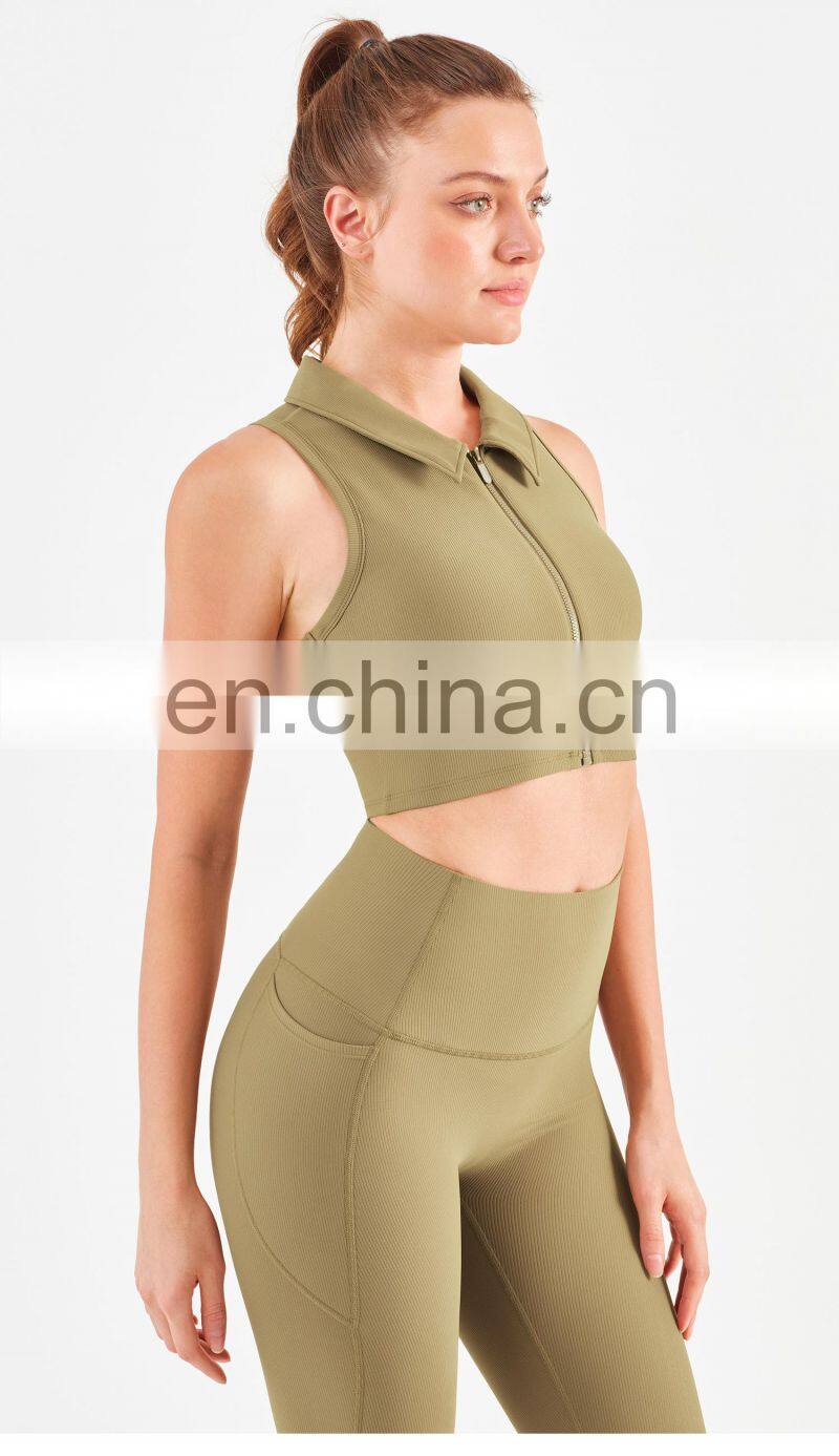 Designer Polo Ribbed Sports Bra With Front Zipper Gym Fitness Women Yoga Tank Tops