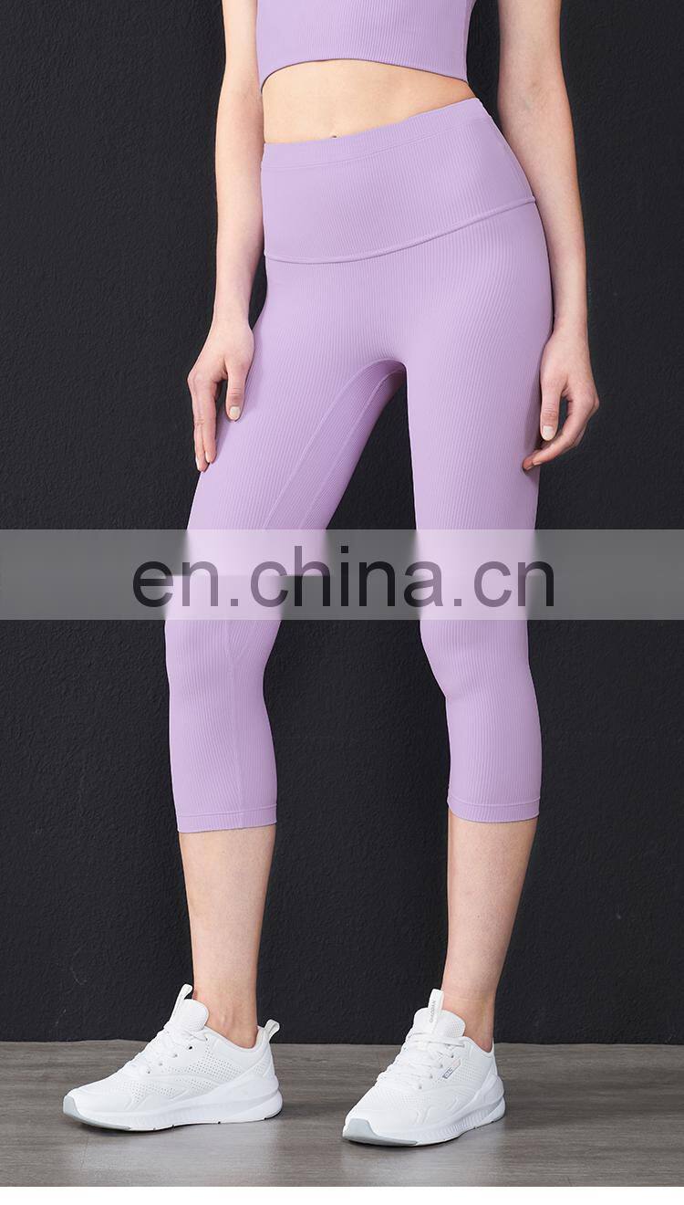 Hot Ribber Fabric Capri Sport Legging High Waist Women Yoga Pants Splice Color OEM