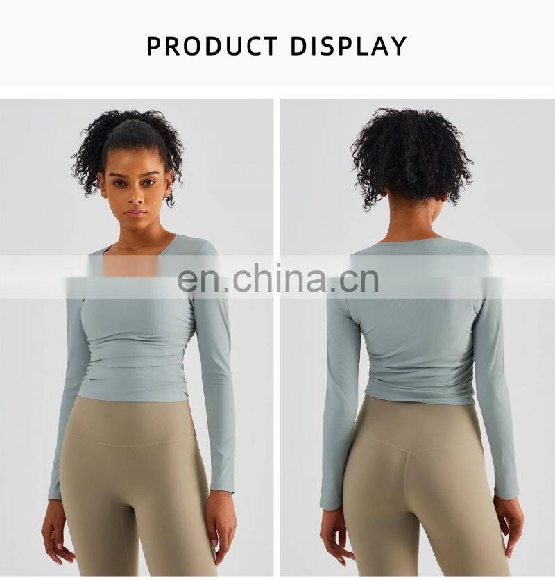 Ribbed Side Folding Yoga Tight Tshirts Factory Sale Women Long Sleeve Outdoor Sports Tops