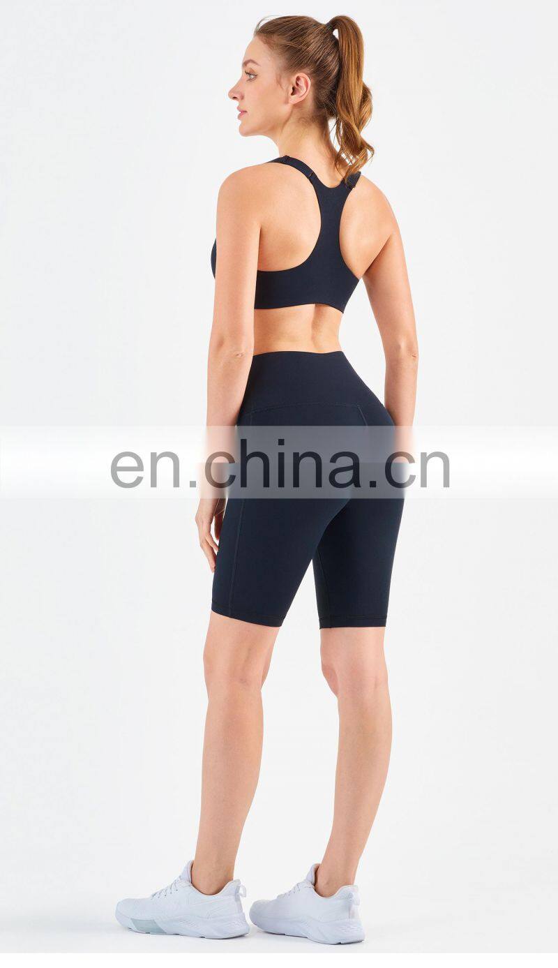Tik Tok High Elastic Front Zipper Sport Bra Biker Shorts Sets Women Fitness Yoga Wear
