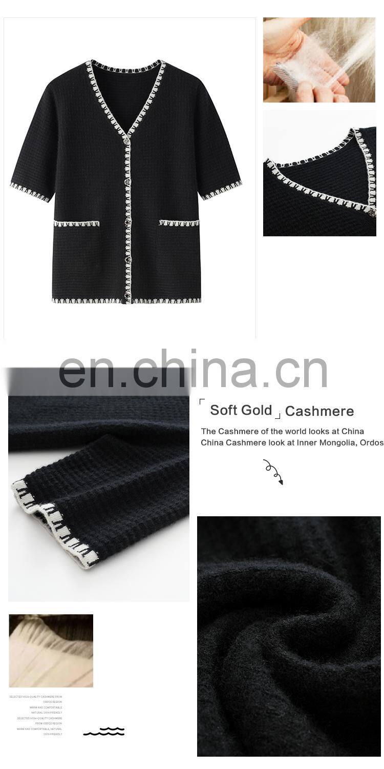 Autumn Ladies Cardigan Sweater Fancy Black Short Sleeves V-Neck Casual Knitted Cashmere Material with Pockets Decoration