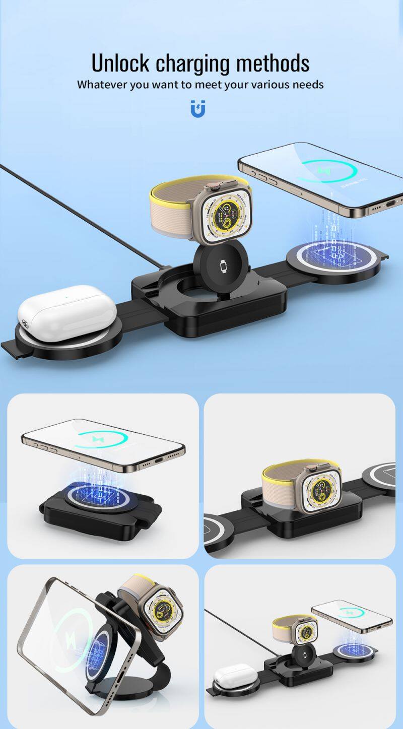 upgrade three in one magnetic folding 15w wireless charger