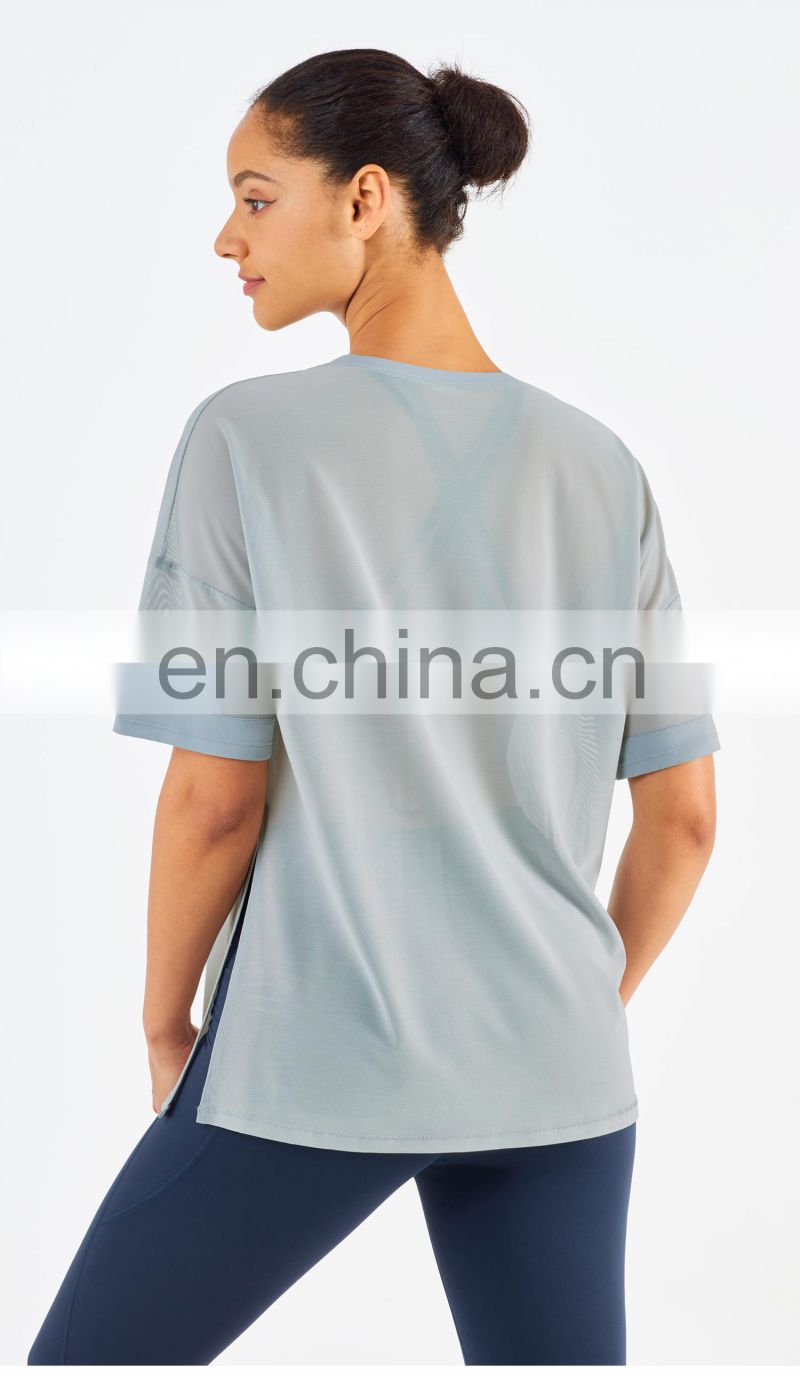 Side Waist Slit Design Mesh Sports Gym T Shirt Fashion Girl Yoga Short Sleeve Eco Fabric