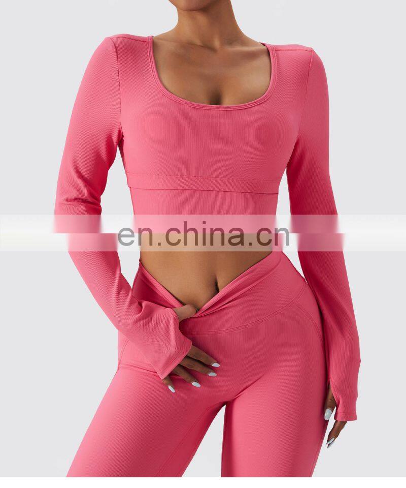 Ribbed 2 In 1 Piece Long Sleeve Yoga Crop Tops Wholesale Womens Square Neck Sports Bras