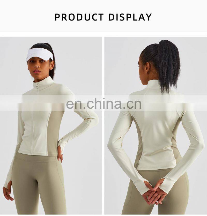 Contrasting Colors Silm Women Yoga Outdoor Jackets Custom Zipper Long Sleeves Sports Wear