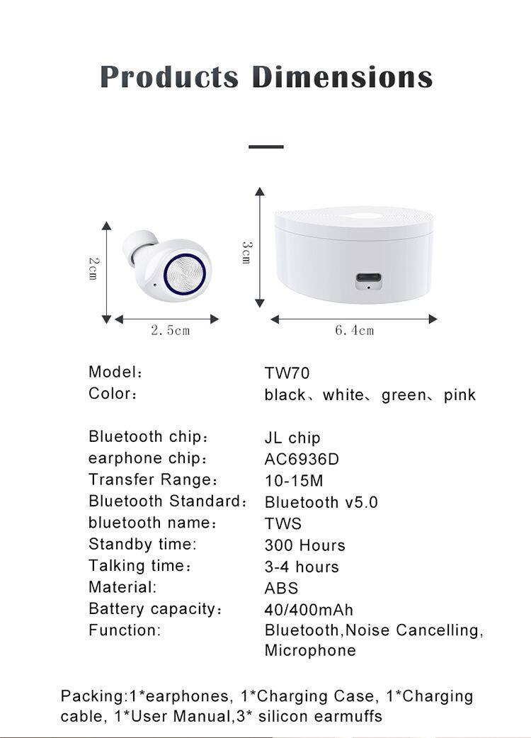 Free shipping Amazon hot TW70 Wireless headset Bluetoth earplug 5.0 Game music TWS Automatic matching Bluetoth headset