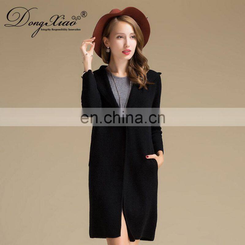 High Quality 100% Cashmere Knitted Coat Long Hooded Cardigan with Casual Style Solid Pattern for Winter Season