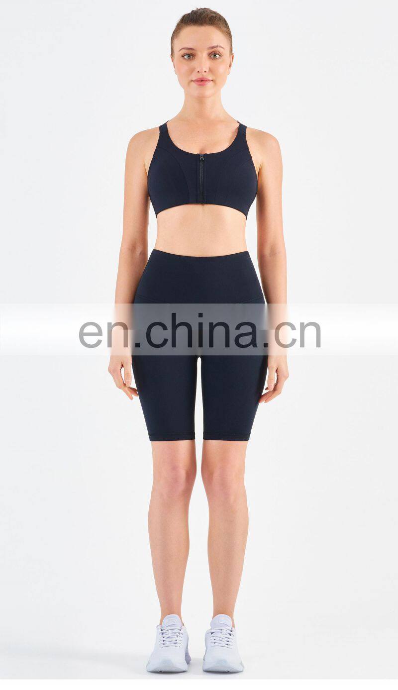 Tik Tok High Elastic Front Zipper Sport Bra Biker Shorts Sets Women Fitness Yoga Wear
