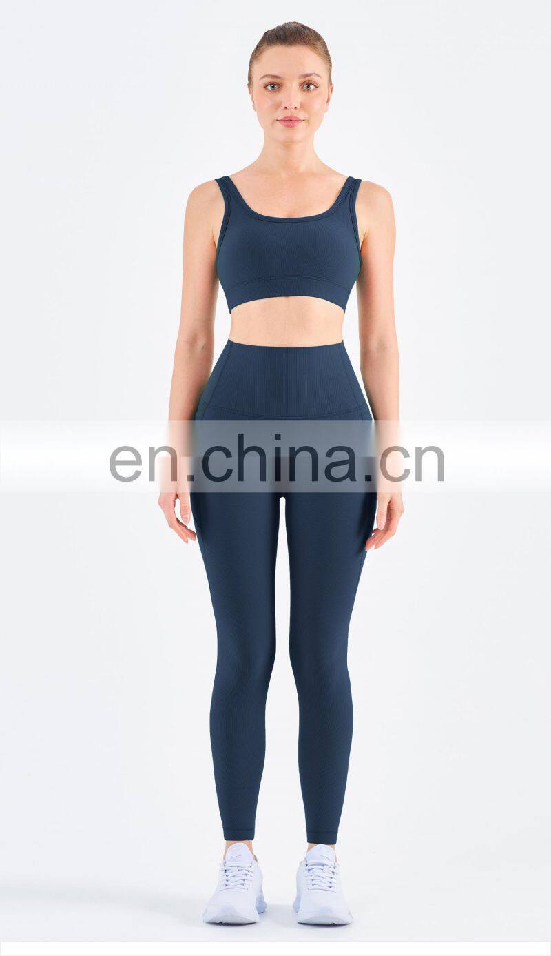 2022 Wholesale Ribbed Yoga Bra Pocket Leggings Set High Waist Gym Fitness Sets
