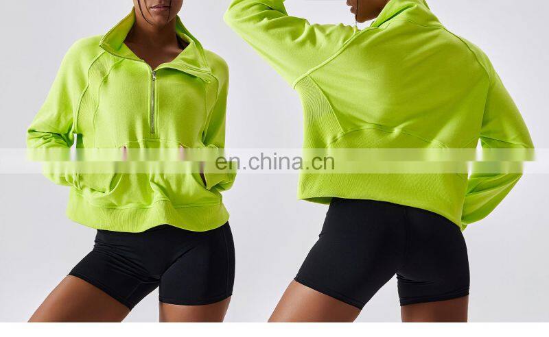 Factory Sale Half Zip Crop Pullover Womens Long Sleeve Stand Neck Hoodies With Pocket