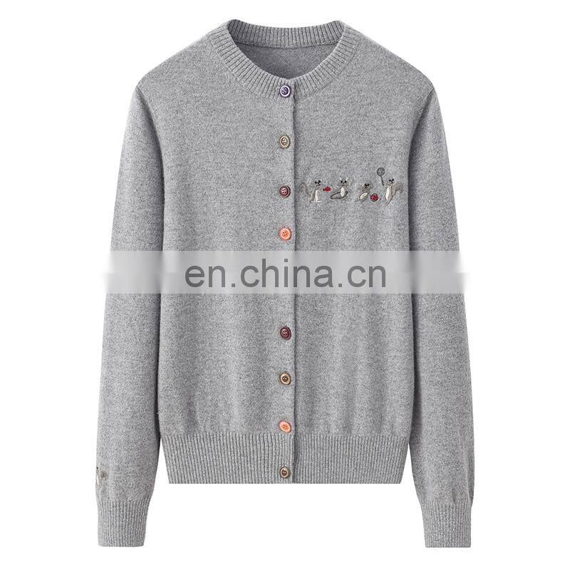 Wholesale Classic 100% Cashmere Women's Sweater High Quality round Neck Knitted Casual Style Button Decoration Front Logo Winter