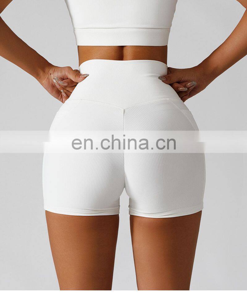 OEM Cross Waist Gym Shorts With Side Pocket Ribbed High Waist Athletic Wear