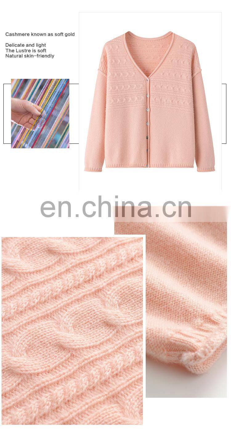 Lady's Eco-friendly V Neck Knitted Oversized 100% Cashmere Cardigan Button Front Back Logo Solid Pattern Casual Autumn Style